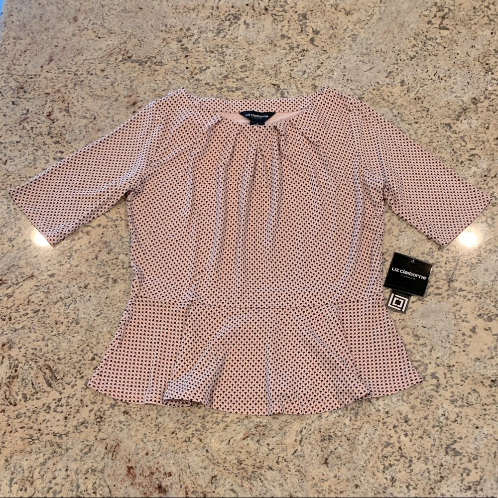 NWT Elbow Sleeve Pleat Neck Peplum Top